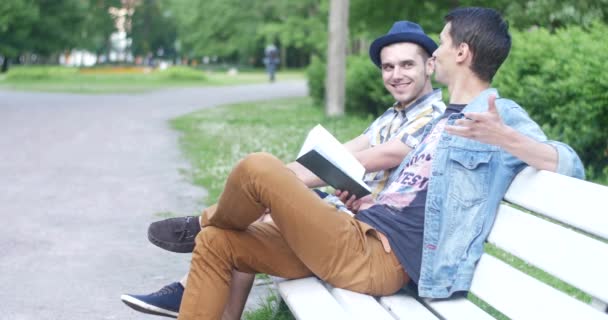 Two guys are sitting on a bench and talking. One of them is gay. Guess who. — Stock Video