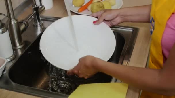 Gyönyörű nő lemossa a tányér a konyhában mosogató — Stock videók