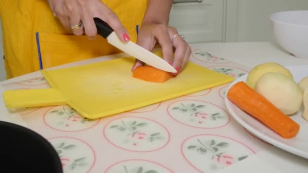 Femme coupe des carottes sur la planche à découper — Video