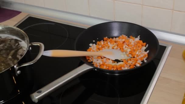 En la olla hirviendo estufa vale la pena sopa de champiñones — Vídeos de Stock