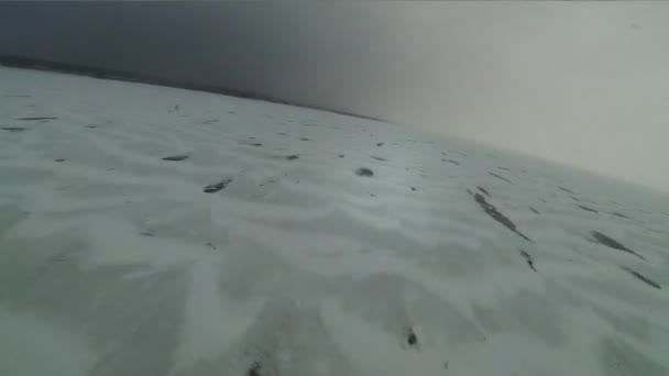 Gopro. Quadrokopter über das Feld fliegen. Winter, Schnee, Schneesturm. Luftgewehrschießen. — Stockvideo