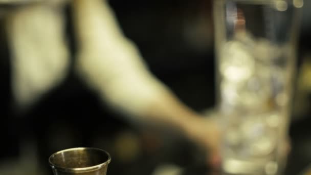 Barman verwart het ijs in een glas — Stockvideo