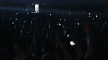 Moskova, Rusya - 15 Ağustos 2015: 20 yıllık Radyo Kaydı. Karanlıkta konserde dans eden insanların siluetleri