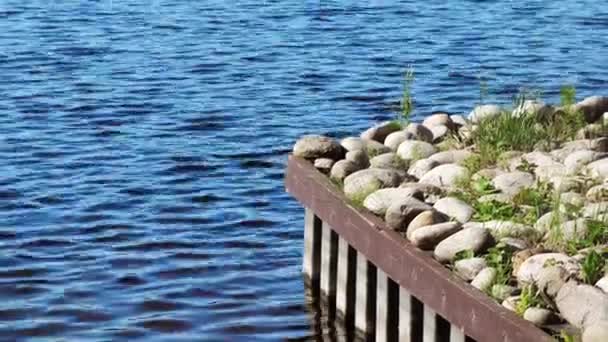 Sten pier, sjö med båt. Grön skog, molnigt — Stockvideo