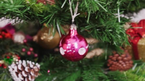 Decoración del árbol de Navidad Bola púrpura. Pan. — Vídeo de stock