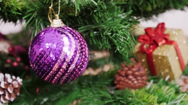 Decoratie van Kerstmis tree paarse bal. Pan — Stockvideo