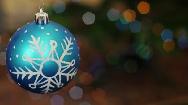 Christmas blue ball at bokeh lights. Titelbereich — Stockvideo