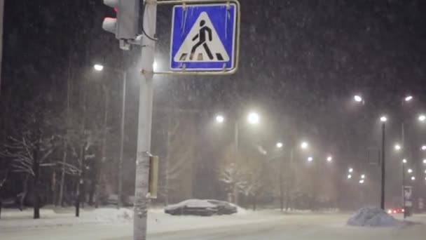 Señal de cruce peatonal durante fuerte tormenta de nieve — Vídeo de stock