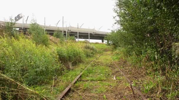 Blick auf eine verlassene alte Eisenbahn bei sommerlich windigem Tag.Autobahn im Hintergrund. — Stockvideo