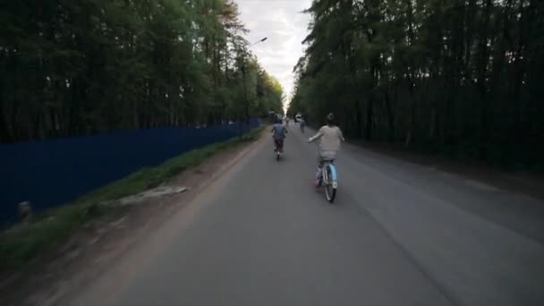 Face arrière du groupe de cyclistes dans un parc en soirée d'été. Mouvement lent . — Video