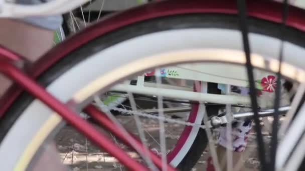 Πολλά πολύχρωμα ποδηλάτων τροχοί αρχίζουν να κινούνται προς διαφορετικές κατευθύνσεις στη θερινή ημέρα — Αρχείο Βίντεο