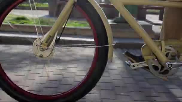 Mans feets and pedals of a moving bicycle focus in in summer evening — Stock Video