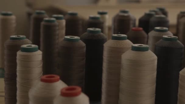 View of many long coils with brown and beige threads — Stock Video
