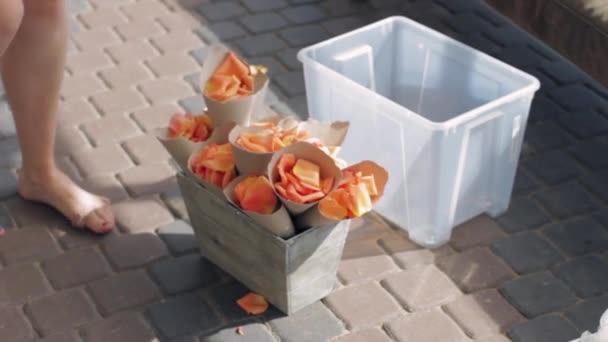 Las manos de mujer decoran el parterre de madera con túbulos y pétalos de naranja. Verano — Vídeos de Stock