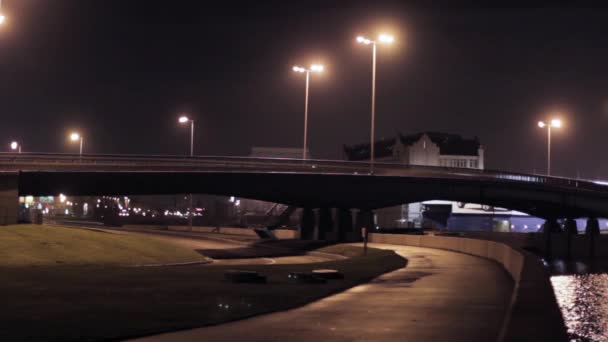 Uitzicht op brug en kust in nacht stad. Verlichting. — Stockvideo