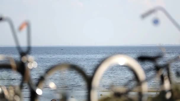 Bicycles stay on hill focus in out, calm sea on background. Летний день. Никто — стоковое видео