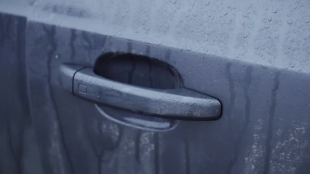 Mans main pousser poignée humide de la porte et voiture ouverte. Ferme là. Jour de pluie — Video