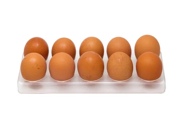 10 uova di pollo nel vassoio delle uova — Foto Stock