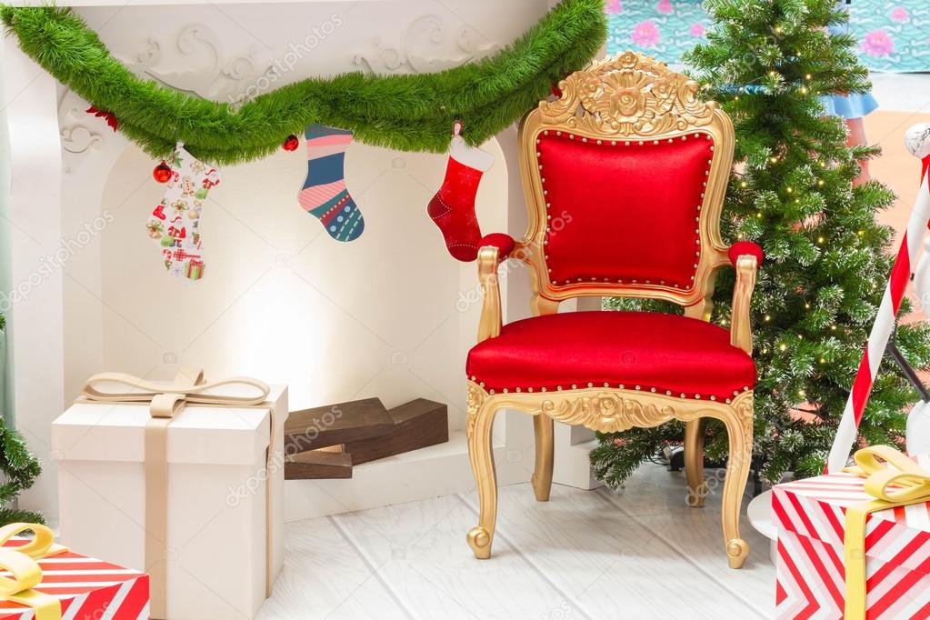 Close up luxurious red chair Santa Claus