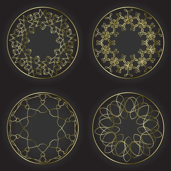Yuvarlak dekoratif çerçeveler ayarlayın. Daire tasarım şablonları koleksiyonu. Altın anahat dekor.