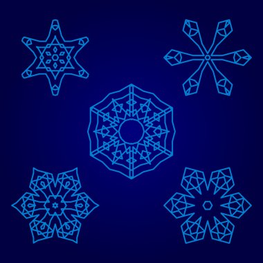 Dekoratif kar taneleri seti, kış tasarım şablonları koleksiyonu, mavi renk