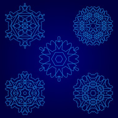 Dekoratif kar taneleri seti, kış tasarım şablonları koleksiyonu, mavi renk