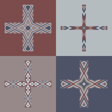 Vektör amblemi tasarım şablonları ve desenleri. Soyut dekoratif simgeler. Yaratıcı haçlar seti.