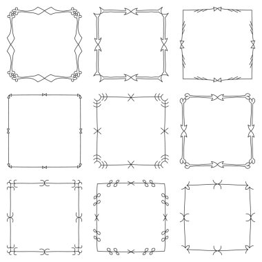 El çizilmiş dekoratif kare çerçeveler ve kenarlıklar kümesi. Beyaz arka planda yalıtılmış mono çizgi tasarım şablonları