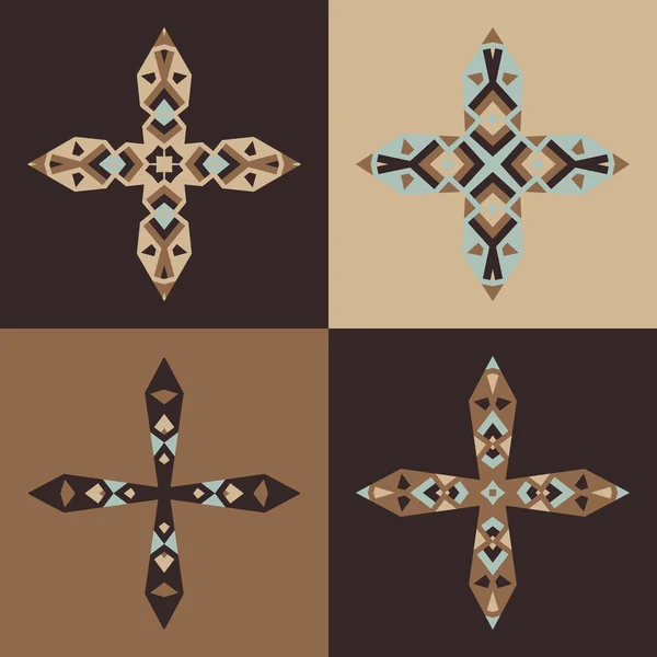 ベクターエンブレムデザインテンプレートとパターン。抽象的な装飾的なアイコン。茶色の創造的な十字架のセット. — ストックベクタ