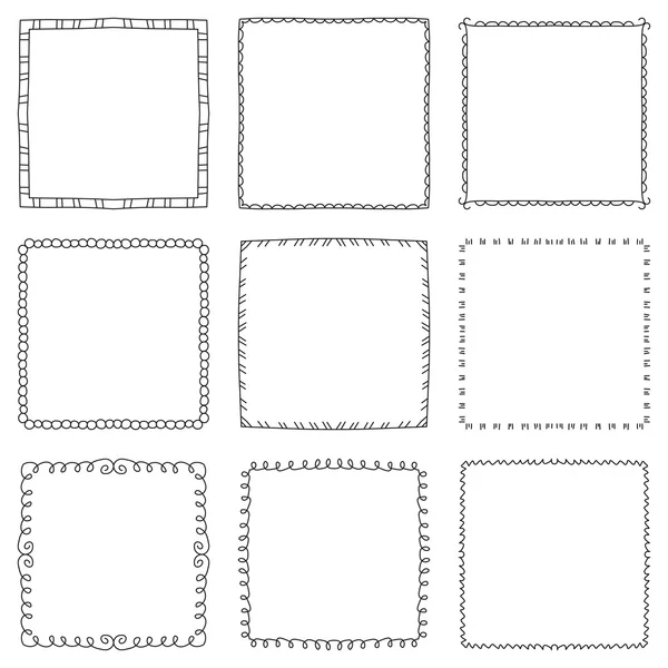 Conjunto de marcos y bordes cuadrados decorativos dibujados a mano. Plantillas de diseño de línea mono, aisladas sobre fondo blanco — Archivo Imágenes Vectoriales