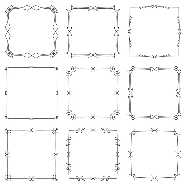 Set of hand drawn decorative square frames and borders. Mono line design templates, isolated on white background — Stock Vector