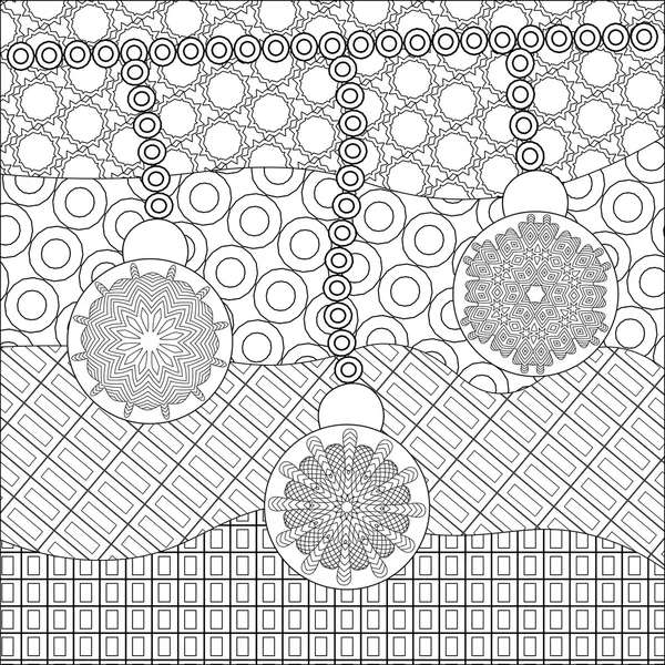 Yetişkin, anti stres boyama ve diğer dekorasyon için boyama kitap sayfası. soyut kar taneleri ve süs arka plan ile sanatsal noel topları. Zentangle tasarım. Yeni yıl illüstrasyon.