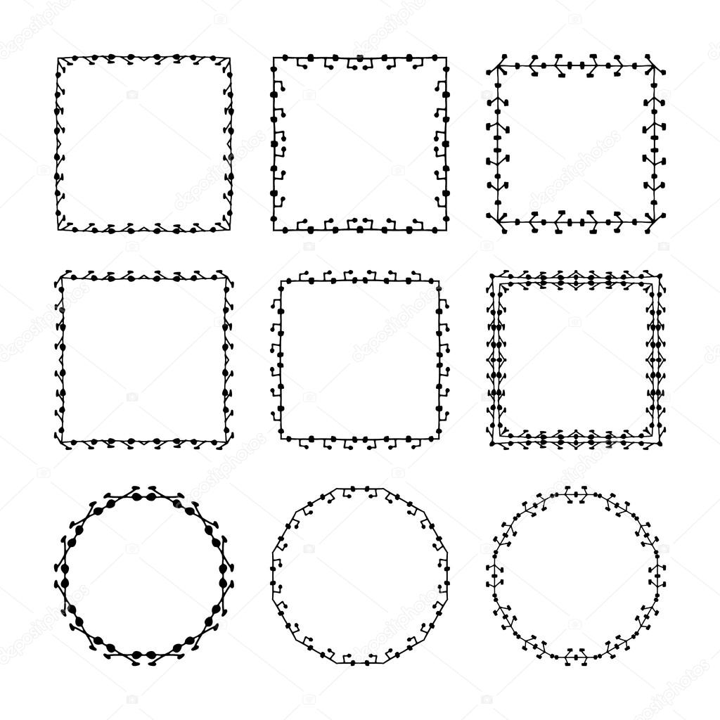 Set of hand drawn, doodle decorative frames and borders. Mono line design templates, isolated on white background