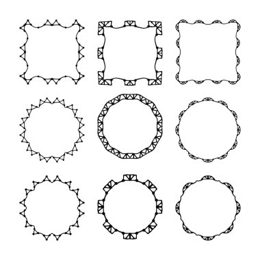 Elle çizilmiş, doodle dekoratif çerçeveleri ve borders kümesi. Mono satırı tasarım şablonları, beyaz arka plan üzerinde izole