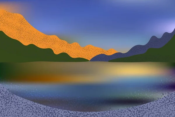 Hermosa Puesta Sol Sobre Lago Con Vista Montaña Rocas — Vector de stock