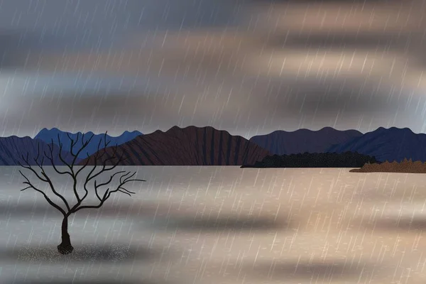 Piękne Deszczowe Góry Samotne Drzewa Widok Wybrzeże Wody Odbicia Chmur — Wektor stockowy