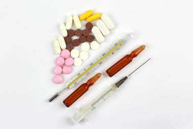 tıbbi tabletleri, iğneler, termometre, şırınga için ampul 