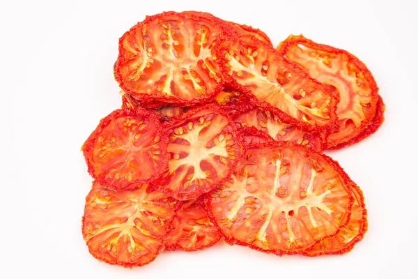Torkade Tomatskivor Vit Bakgrund Vitamin Vegetabilisk Mat — Stockfoto