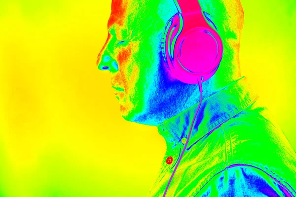 Portrait Man Acid Bright Color Headphones Relaxation Listening Music — Stock Photo, Image
