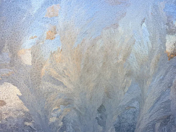 Frostiga Mönster Fönsterglaset Närbild Naturliga Texturer Och Bakgrunder Ismönster Fryst — Stockfoto