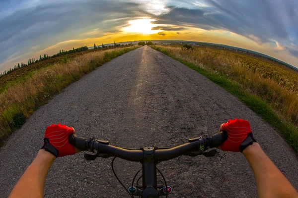 Hands Steering Wheel Riding Cyclist Road Sunset — Stock Photo, Image