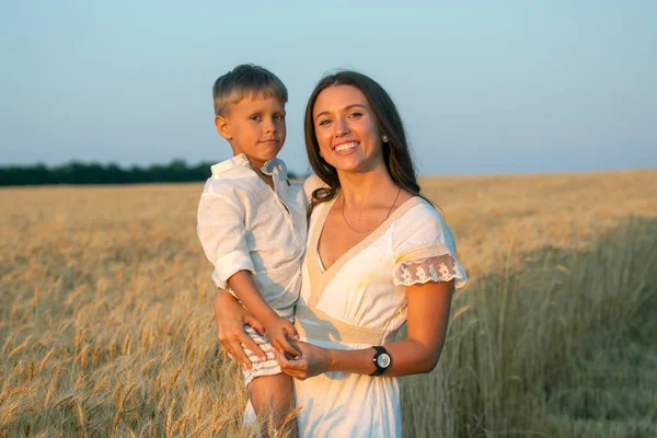 Happy Woman Her Beautiful Son Wheat Field Love Motherhood — Stock Photo, Image