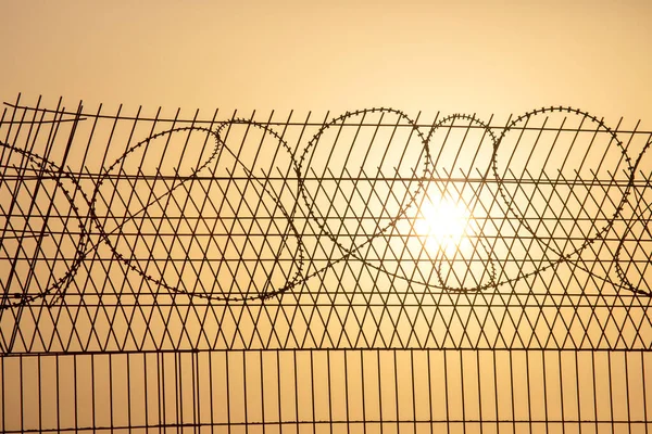 Arame Farpado Contra Pôr Sol Metáfora Escravidão Busca Liberdade — Fotografia de Stock