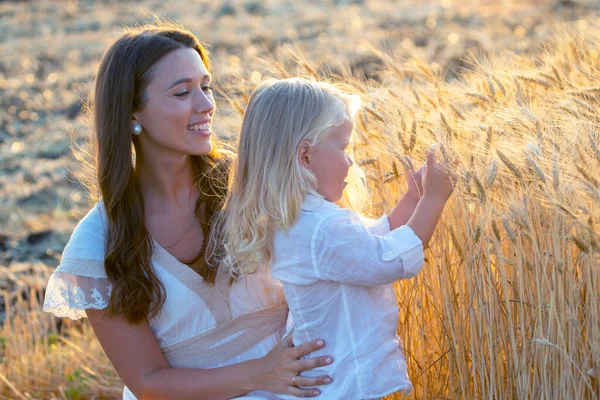 Happy Woman Her Beautiful Long Haired Son Wheat Field Love — Stock Photo, Image