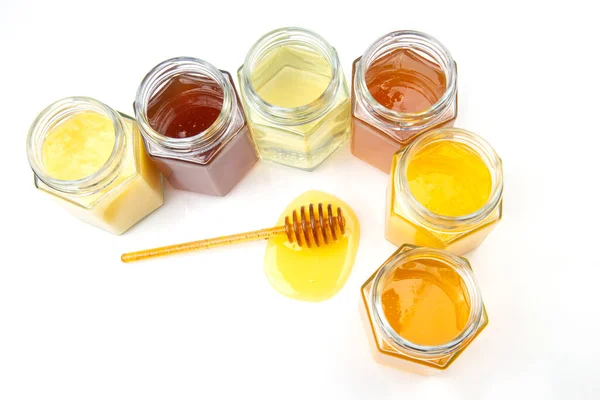Spoon Fresh Honey Jars Different Types Honey White Background Organic — Stock Photo, Image