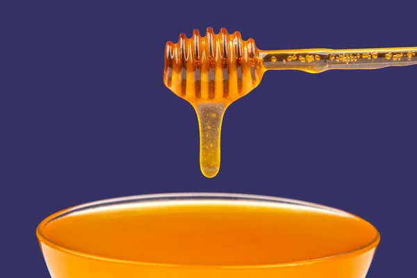 Fresh Fragrant Honey Dripping Spoon Plate Blue Background Organic Vitamin — Stock Photo, Image