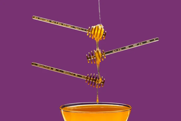 Fresh Flower Honey Drips Spoon Spoon Purple Background Organic Vitamin — Stock Photo, Image