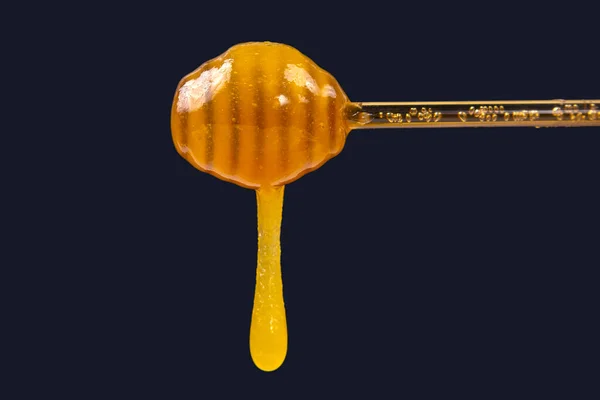 新鲜的蜂蜜从勺子上滴落在深色的背景上 有机维生素健康食品 — 图库照片