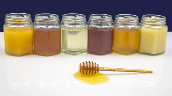 Spoon Fresh Honey Pollen Background Jars Different Types Honey Organic — Stock Photo, Image