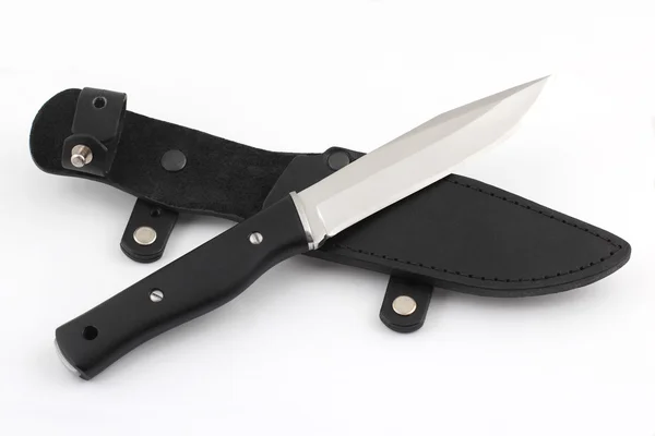 Un cuchillo con mango negro de Micarta con funda de cuero negro —  Fotos de Stock
